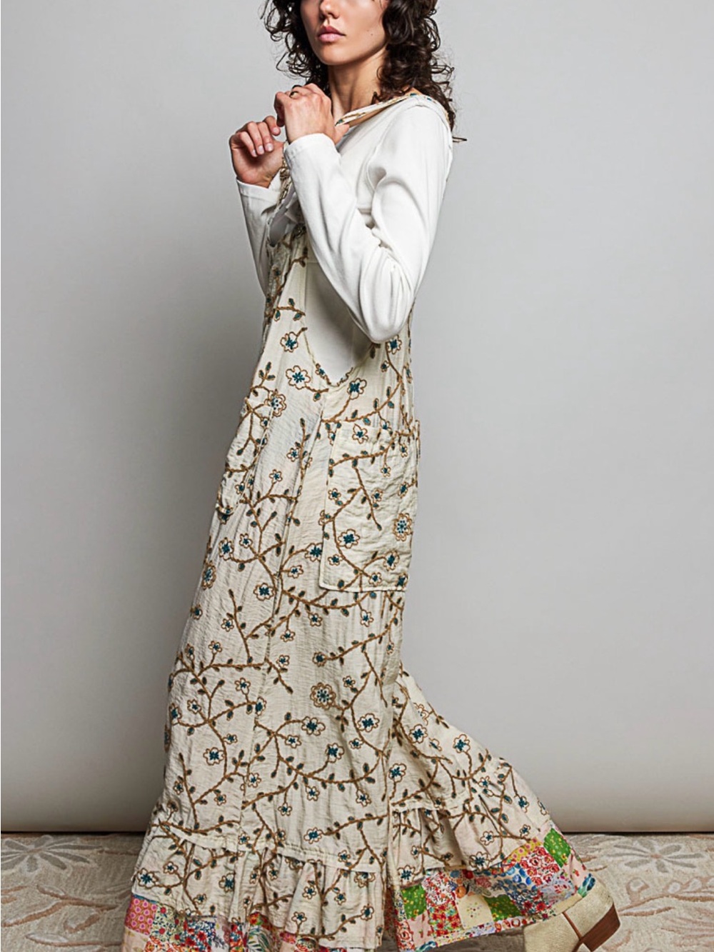 Bohemian Textured Floral Embroidered Wide-Leg Overalls - Cream - Picture 4 of 7
